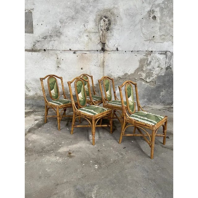 Mid-Century Modern Mid-Century Modern Italian Bamboo Dining Chairs with Original Fabric, 1970s, Set of 5 For Sale - Image 3 of 10