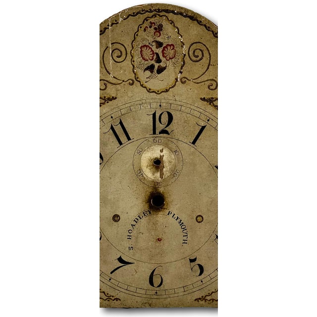 Antique American Hand Painted Wood Grandfather Clock Dial by Connecticut Maker Silas Hoadley - Circa Very Early 1800s For Sale - Image 11 of 18