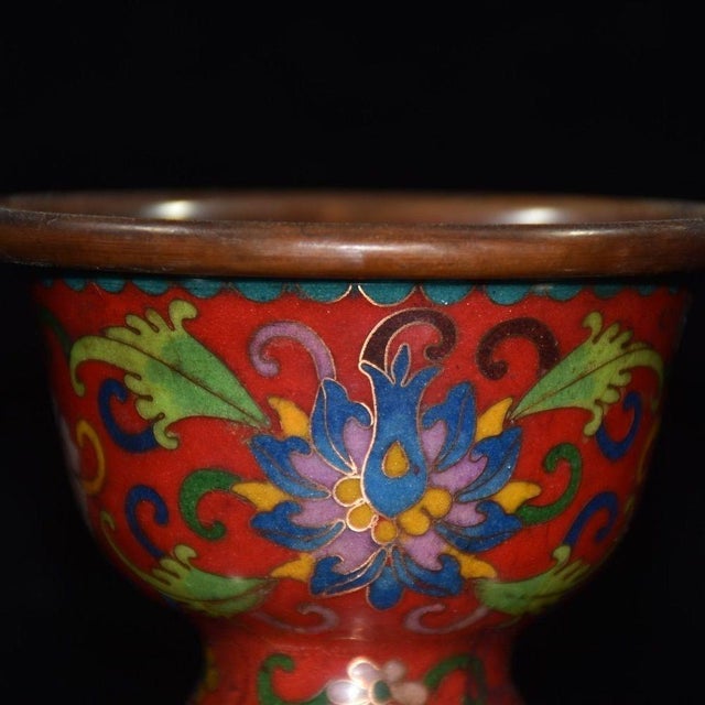 Cloisonne Enamel Stemmed Bowl, Copper Wire Inlaid Floral Pattern For Sale In Los Angeles - Image 6 of 9