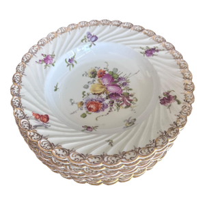 Set of 8 Antique Dresden Hand Painted German Porcelain Shallow Bowls