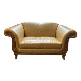 Hand-Carved Cognac Leather Loveseat With Exposed Wood Frame Traditional European Style 71”w For Sale