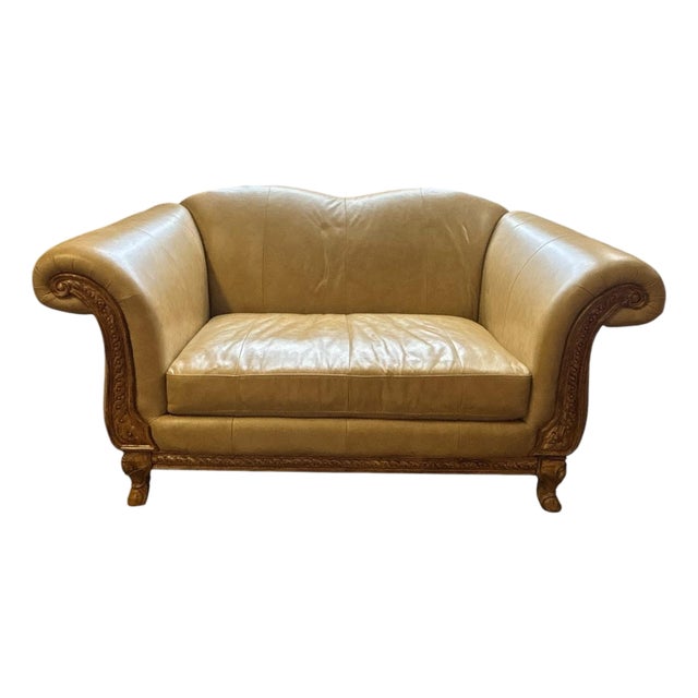 Hand-Carved Cognac Leather Loveseat With Exposed Wood Frame Traditional European Style 71”w For Sale