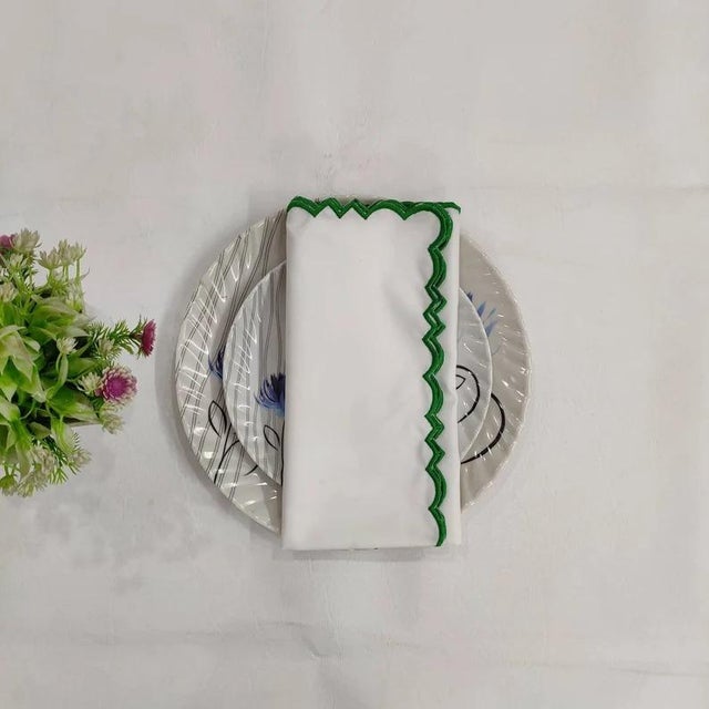 Not Yet Made - Made To Order Scalloped White Napkins with Kelly Green Embroidered Trim - Set of 4 For Sale - Image 5 of 9