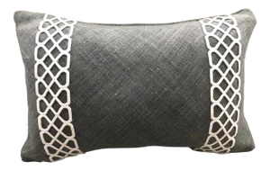 Contemporary Slate Grey Pure Belgian Linen With White Thibaut Ripley Appliqué Trim Lumbar Pillow Cover
