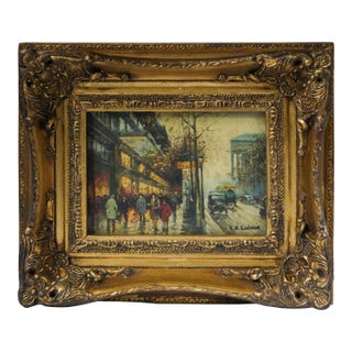 Early 20th Century Oil on Board Paris Street Scene After Galien Laloue Ornate Frame For Sale