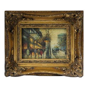 Early 20th Century Oil on Board Paris Street Scene After Galien Laloue Ornate Frame