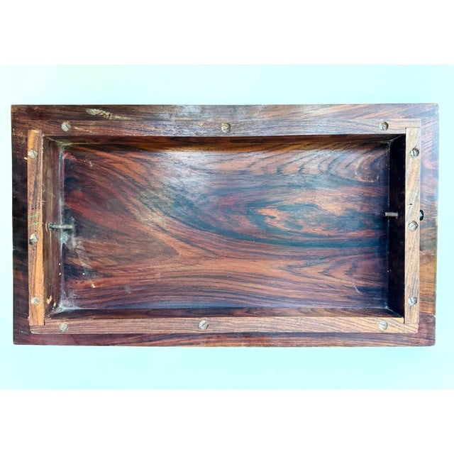1950's Indian Rosewood & Bone Inlay Coffee Table Bench Removable Legs Serving Tray For Sale - Image 14 of 17