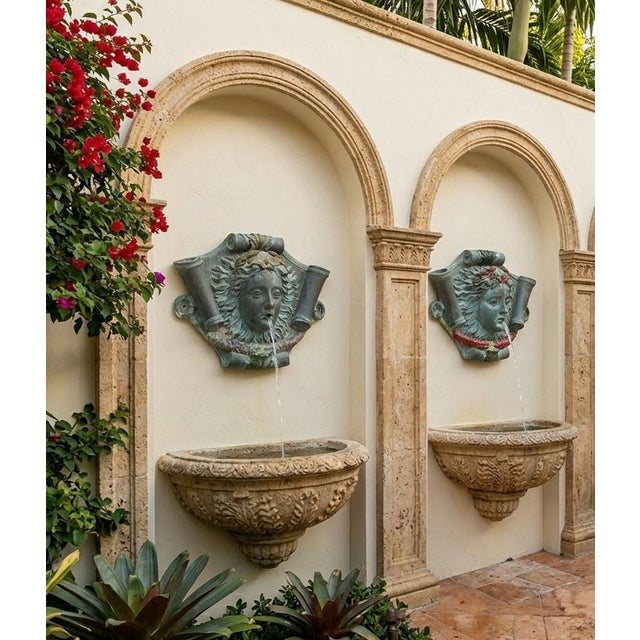 Pair of Vintage Neoclassical Cast Bronze Maiden Mask Wall Fountain For Sale - Image 9 of 12
