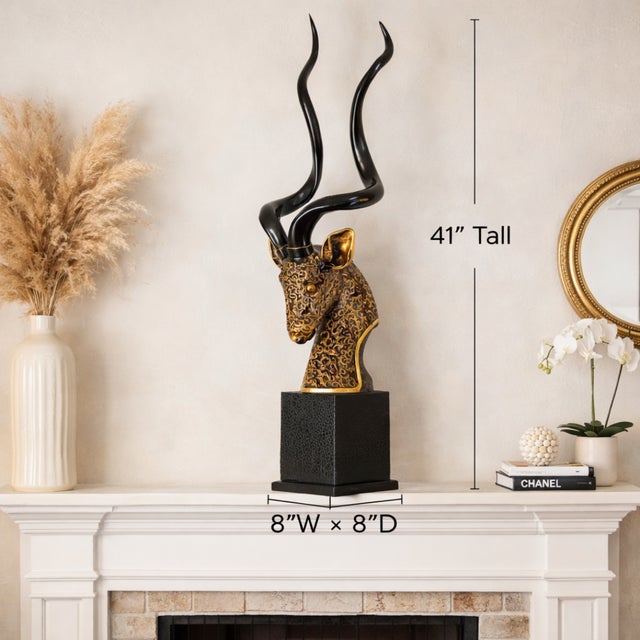 Modern Gilded Antelope Bust Sculpture on Plinth, 41” Tall For Sale - Image 9 of 12