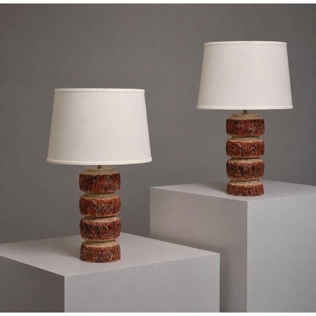 Bernard Rooke, English Mid-Century Modern, Large 'Totem' Form Ceramic Table Lamps, England, 1970s Pair of unique totem...
