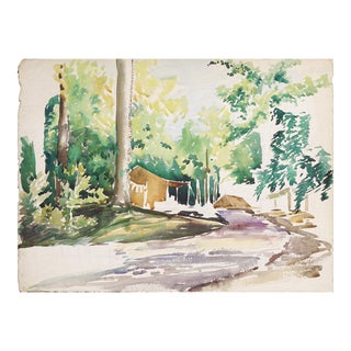 Creekside Campsite - Mid Century Forest Landscape Watercolor by Joseph Yeager For Sale