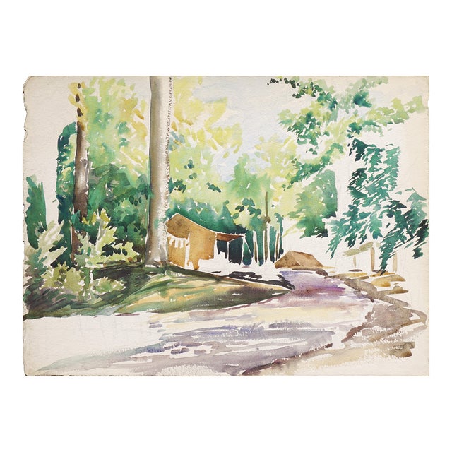 Creekside Campsite - Mid Century Forest Landscape Watercolor by Joseph Yeager For Sale