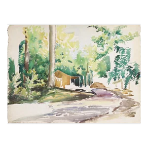 Creekside Campsite - Mid Century Forest Landscape Watercolor by Joseph Yeager