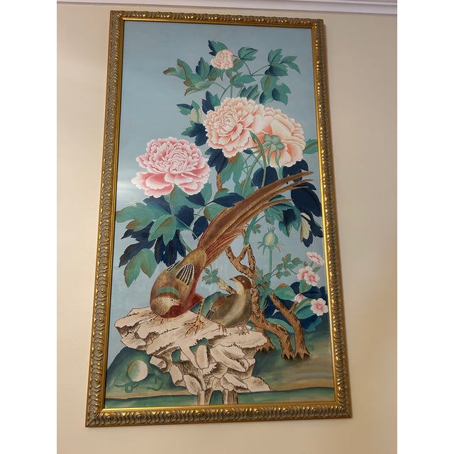 1990s Chinoiserie Oil on Silk Painting of Birds With Lotus Blooms by Chelsea - a Pair For Sale - Image 11 of 18