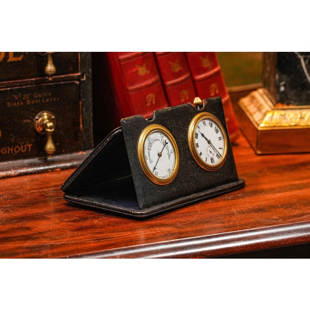 English Charming Portable Antique Hand Painted Porcelain Travel Desk Clock Barometer Leather Case Home Decor For Sale - Image 3 of 12