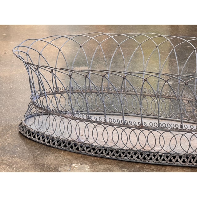 A generously sized oval wire basket with a tall arched wire gallery rising from a coiled wire rim. The body is worked in...