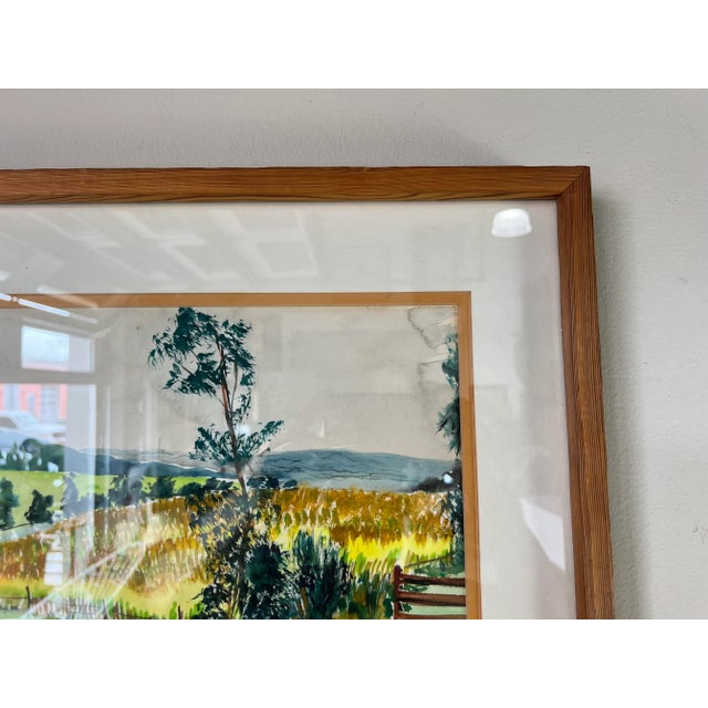 Green 70's Vintage Wieden Landscape - Farm Land Watercolor Painting, Framed For Sale - Image 8 of 13