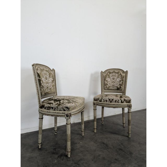 Louis XVI Style Cream Lacquered and Upholstered Cabriolet Salon Set with Gilded Highlights, Set of 6 For Sale - Image 18 of 18