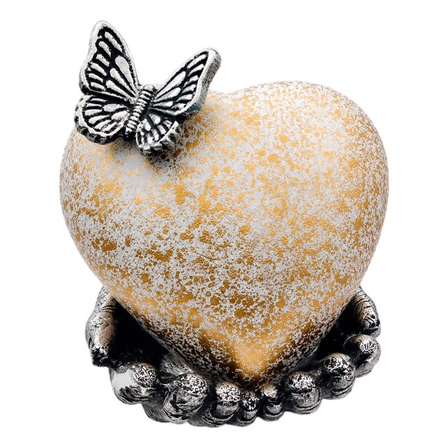 Heart Cremation Urn for Ashes With Butterfly, Small Keepsake Memorial Urn for Human or Pet Ashes, White Gold Decorative Remembrance Urn For Sale
