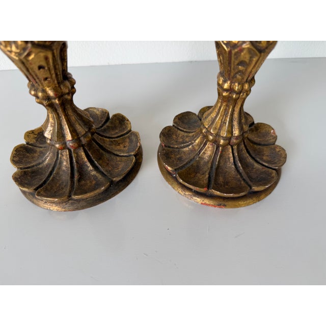 Gold Vintage Italian Florentine Gilt Carved Wood Candleholders – A Pair For Sale - Image 8 of 8