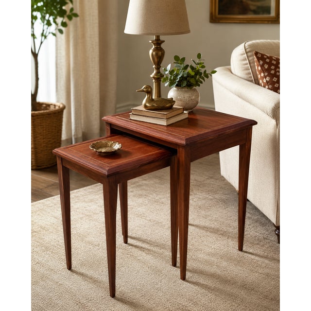 Traditional Vintage Mahogany Nesting Tables Gold Inlay Refinished Mid Century Lb Van Server For Sale - Image 3 of 10