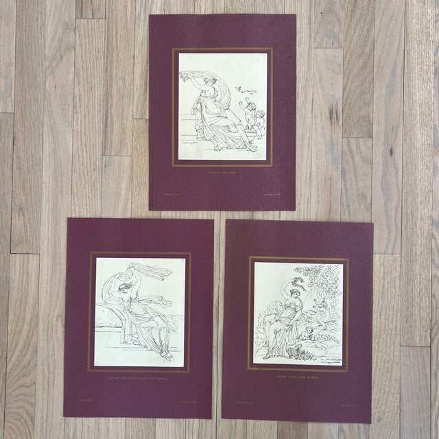 Vintage 1953 Neoclassical Style Louis David Prints - Series of 3. Mounted on Royal purple stock with gold lettering.