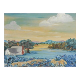 Vintage Mid 20th Century Folk Art Bluebonnet Landscape Painting For Sale