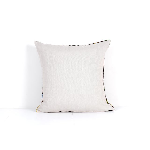 Floral Silk Velvet Ikat Pillow – Brown, Blue, and Green Cushion Cover For Sale - Image 4 of 4