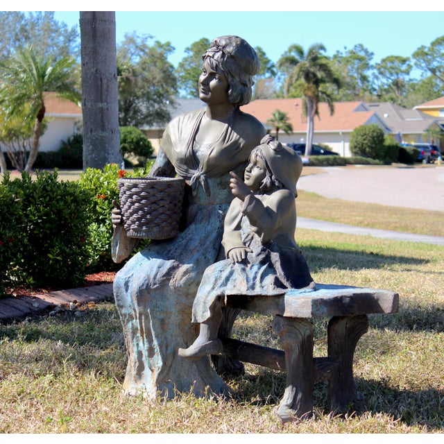 Vintage Life-Size Victorian Mother & Child Garden Sculpture With Bronze Faces, Hands & Upper Body – Garden Bench Statue With Basket Planter, 1980s For Sale In Naples, FL - Image 6 of 18
