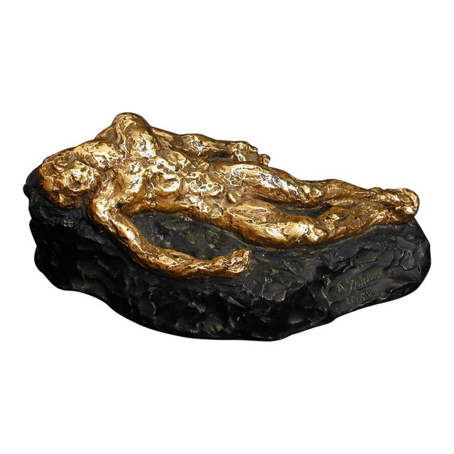 1950s "Recumbent Male Nude", Gilded Bronze Sculpture For Sale