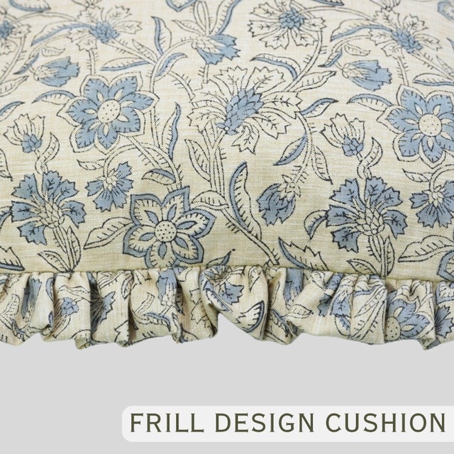 Boho Floral Block Print Frill Pillow Cover Handmade Artisan Decorative Throw 20x20 Inch Jarul For Sale - Image 6 of 6