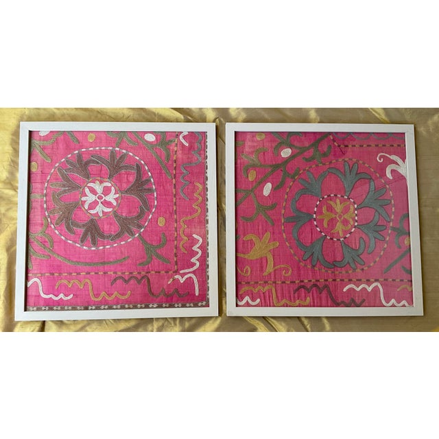 Exquisite Pair of Hand-Embroidered Antique Silk Suzani Framed Silk-on-Silk For Sale - Image 12 of 14