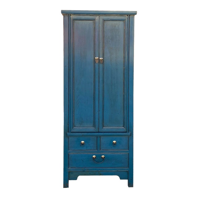 Oriental Dark Teal Blue Narrow Wood Detail Door Drawers Storage Cabinet For Sale