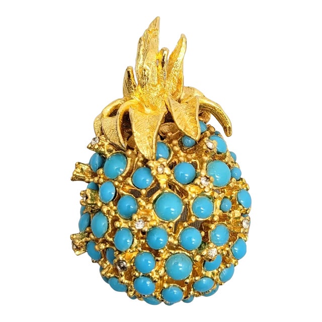 Vintage Signed Alice Caviness Goldtone Faux-Turquoise Cabochon Pineapple Brooch For Sale