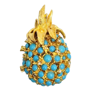 Vintage Signed Alice Caviness Goldtone Faux-Turquoise Cabochon Pineapple Brooch