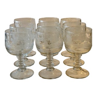 1930s Cambridge Imperial Fox Hunt Scene Glass Goblets Tally Ho Hay Day - Set of 9 For Sale