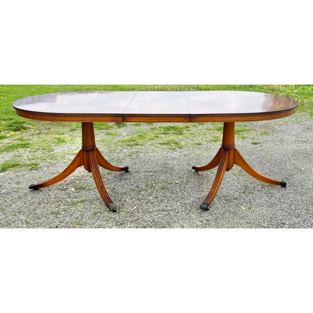 Brown Yew Wood Double Pedestal Duncan Phyfe Style Dining Table For Sale - Image 8 of 8