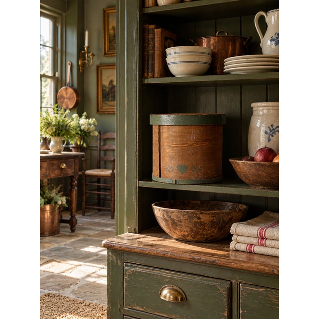 An antique American bentwood pantry box featuring a warm, naturally aged wood finish and original muted green painted...