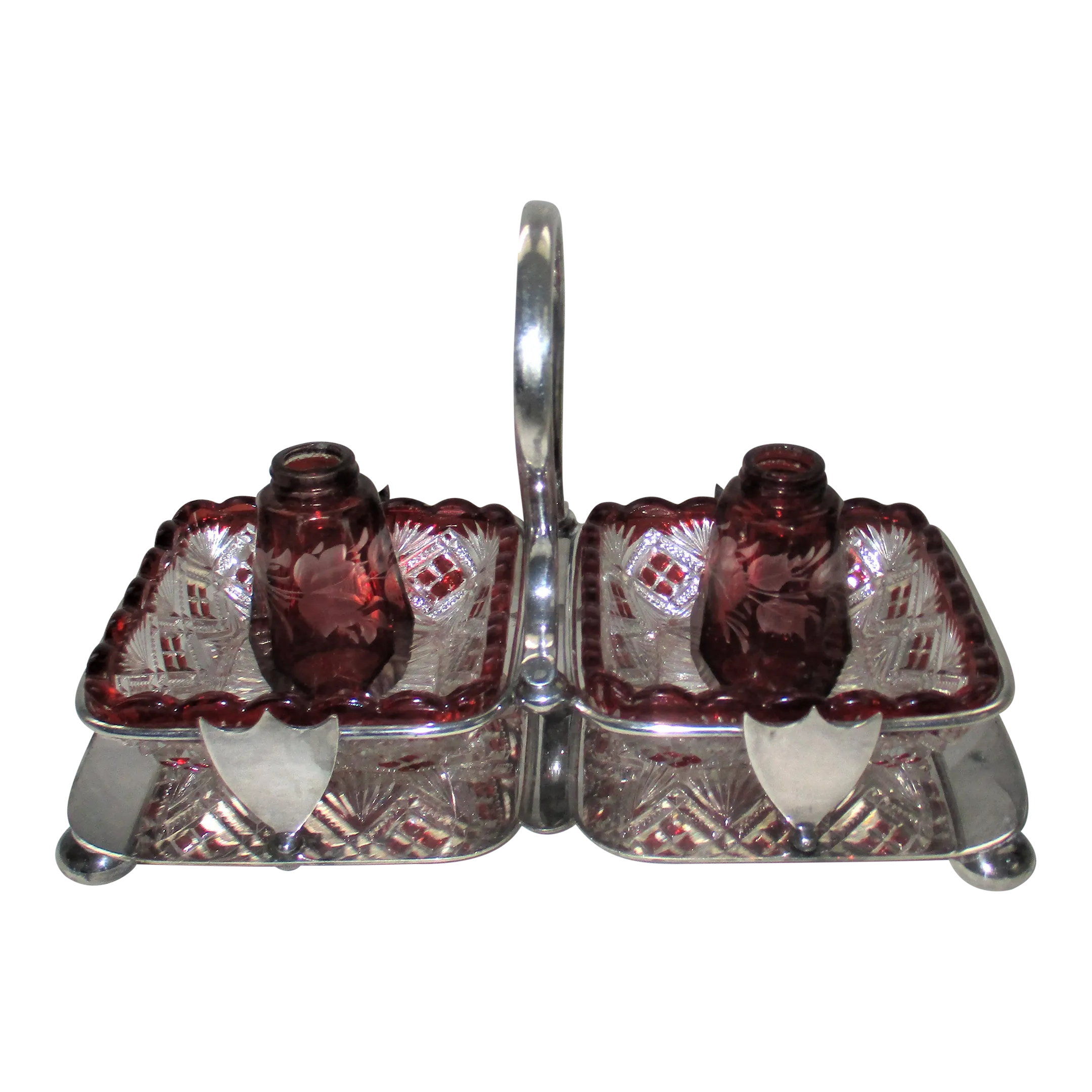 1900s Antique Daniel & Arter Silverplate Condiment Caddy Cranberry