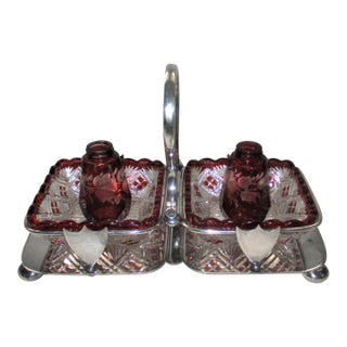 1900s Antique Daniel & Arter Silverplate Condiment Caddy Cranberry Glass Insert For Sale