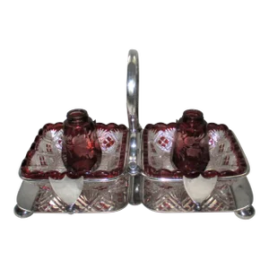 1900s Antique Daniel & Arter Silverplate Condiment Caddy Cranberry Glass Insert