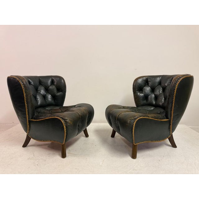 Green Danish Lounge Slipper Chairs in Green Patinated Leather, 1940s, Set of 2 For Sale - Image 8 of 18