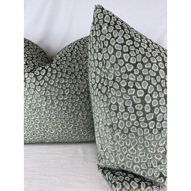 Custom pair of 22" pillows covered in Anna Elizabeth For Greenhouse Fabrics cheetah epingle cut velvet fabric in sage....