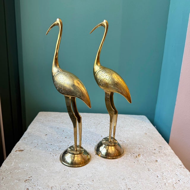 Metal Vintage Pair of Brass Etched Crane Statues For Sale - Image 7 of 7