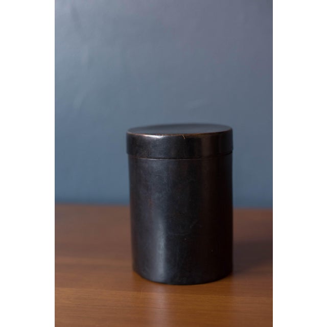 Wood Vintage Black Leather Organizing Cylinder Storage Container Bins, Italy 1970's For Sale - Image 7 of 12