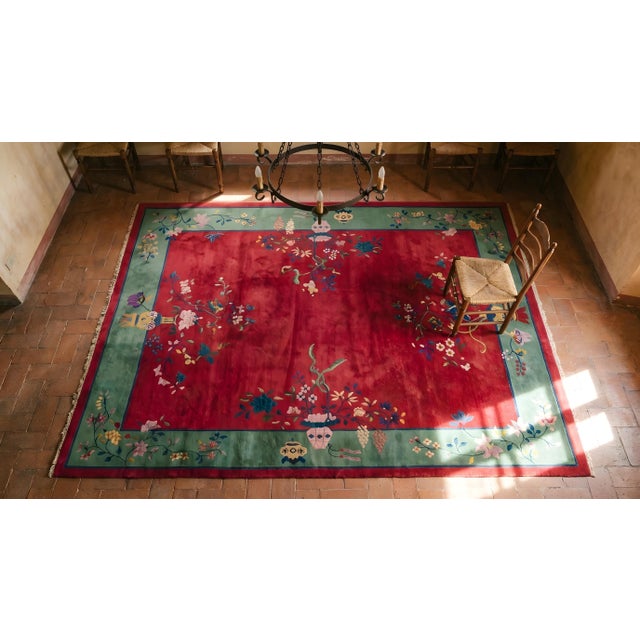 1920s Red Vase Floral Antique Chinese Art Deco Rug 9' X 11'9" Handknotted Wool Carpet For Sale - Image 13 of 14