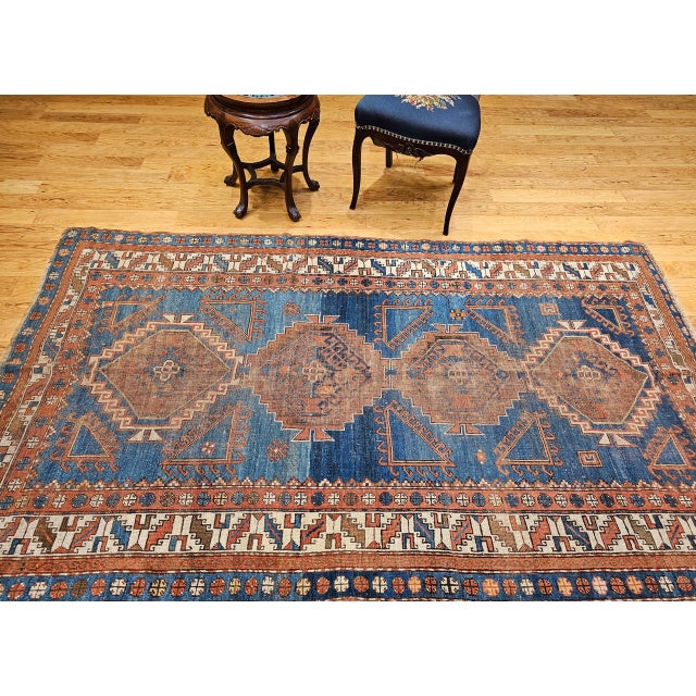 19th Century Caucasian Kazak Rug, Hand-knotted Wool, Geometric Design, Royal Blue. 5' x 8' For Sale In Chicago - Image 6 of 16