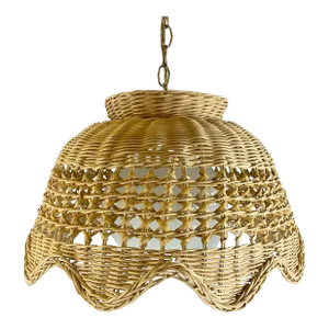Mid-Century Coastal Boho Chic Natural Wicker Tulip Chandelier With Scalloped Edge