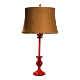 Vintage-Style Red Glass Table Lamp With Textured Burlap Shade For Sale