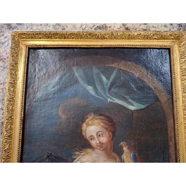Young Woman with a Parrot, Early 1700s, Oil on Canvas, Framed For Sale - Image 6 of 7